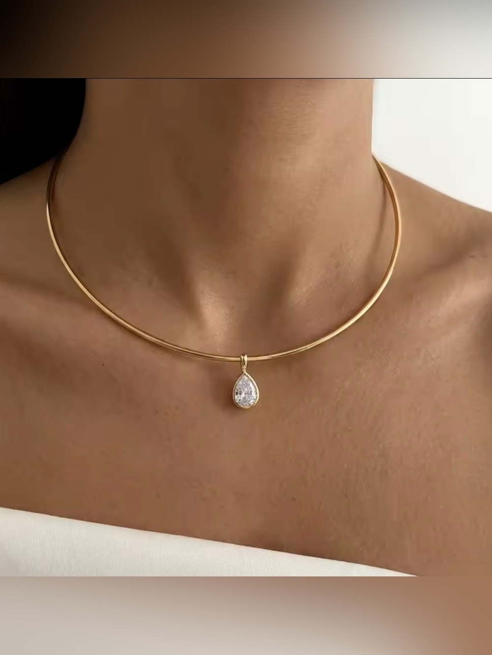 Gold Choker Necklace with Teardrop Crystal Pendant